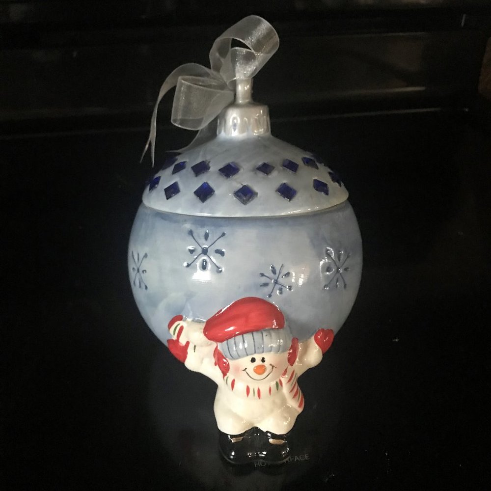 Blue ceramic snowman candy/cookie jar